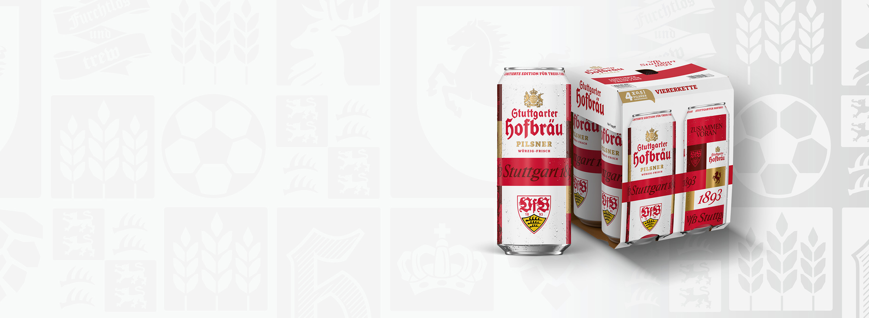 Eine einzelne Dose Stuttgarter Hofbräu Pilsner steht neben einem Viererpack, beide im VfB Stuttgart-Design.