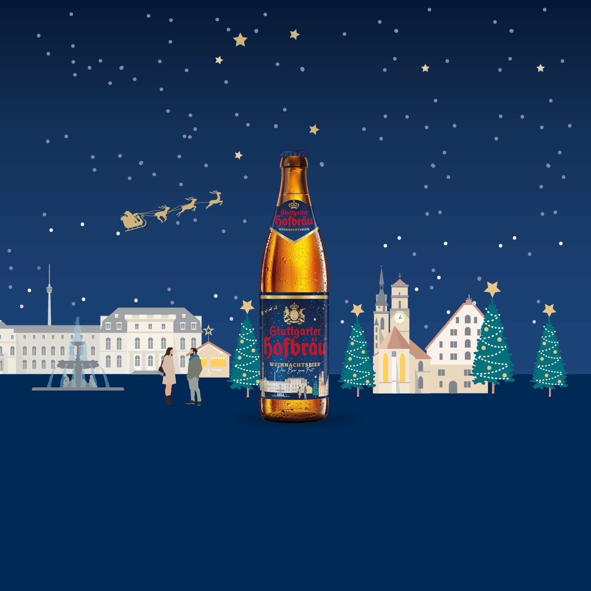 Eine illustrierte Winterlandschaft bei Nacht mit beleuchteter Flasche im Vordergrund, umgeben von festlich geschmückten Bäumen und Gebäuden.