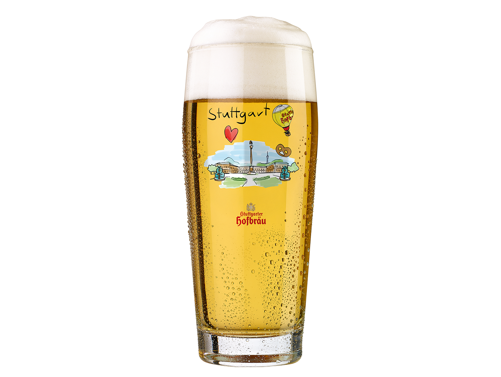 Ein gefülltes Bierglas mit einer aufgedruckten Illustration des Stuttgarter Schlossplatzes und einem Stuttgarter Hofbräu Logo.