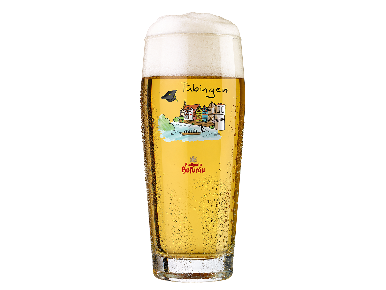 Ein gefülltes Bierglas mit einer aufgedruckten Illustration des Tübinger Neckarufers und einem Stuttgarter Hofbräu Logo.