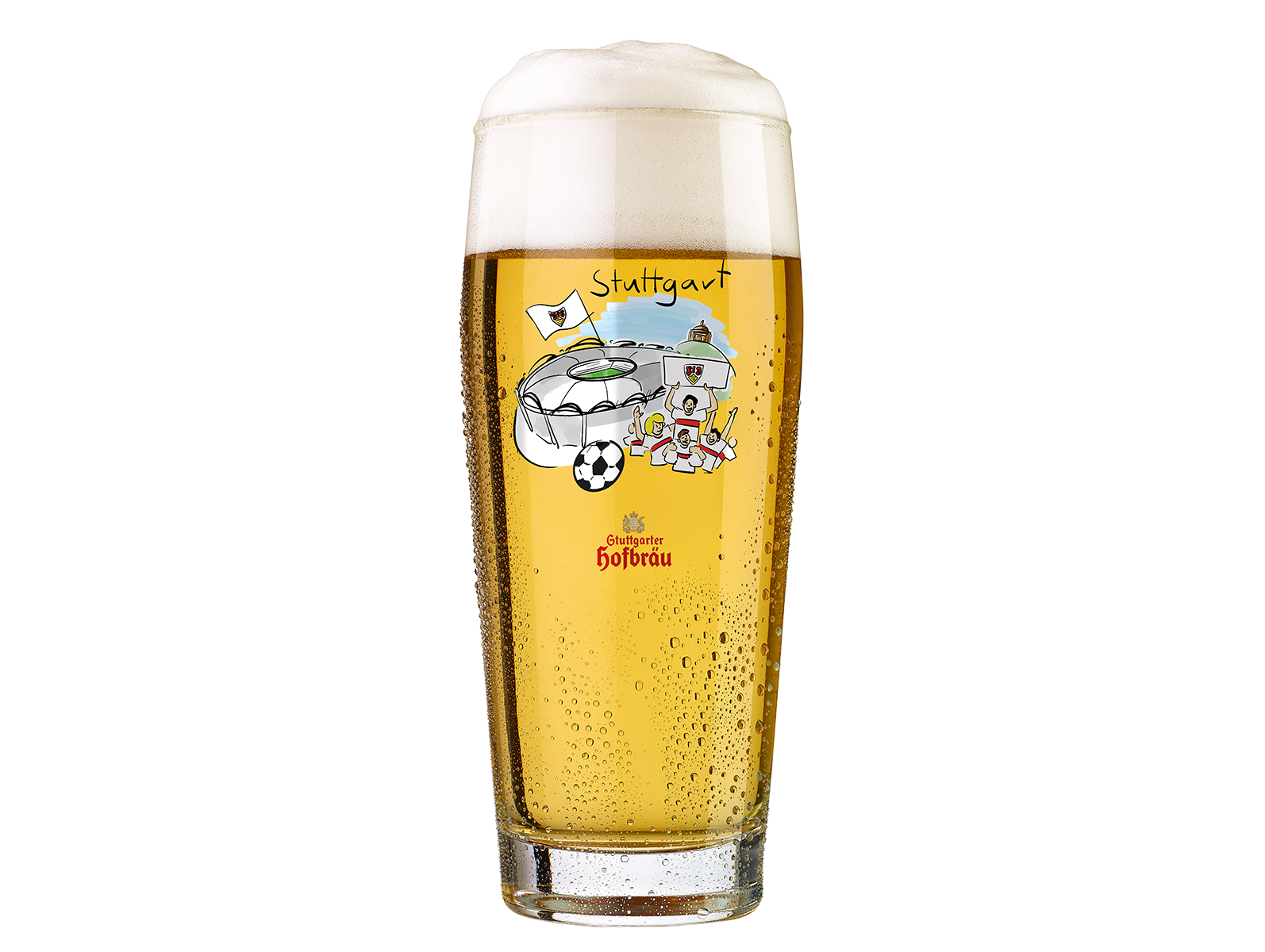 Ein gefülltes Bierglas mit einer aufgedruckten Illustration des Fußballstadions mit Mannschaft, der Grabkapelle und einem Stuttgarter Hofbräu Logo.
