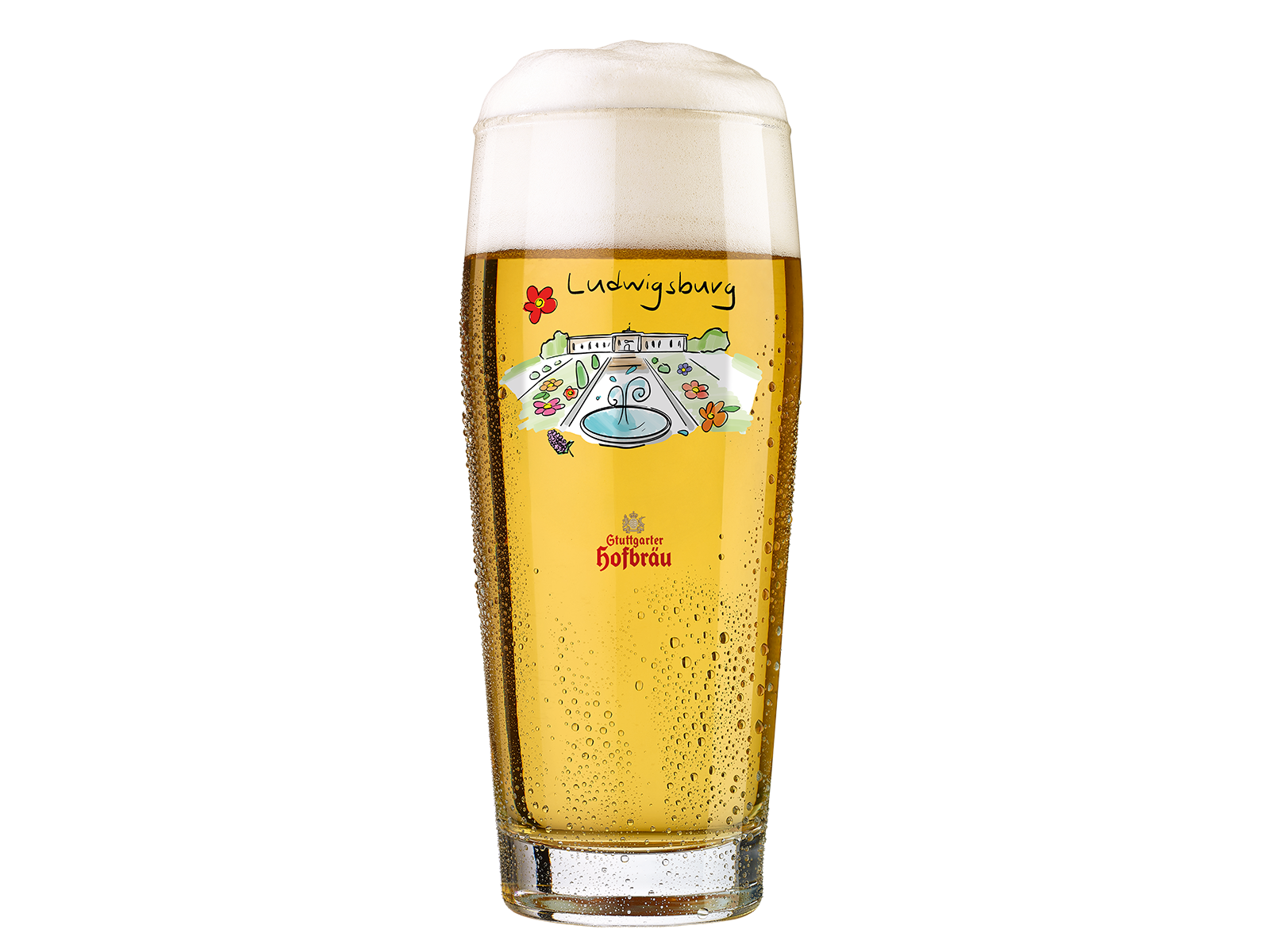 Ein gefülltes Bierglas mit einer aufgedruckten Illustration des Ludwigsburger Residenzschlosses und einem Stuttgarter Hofbräu Logo.