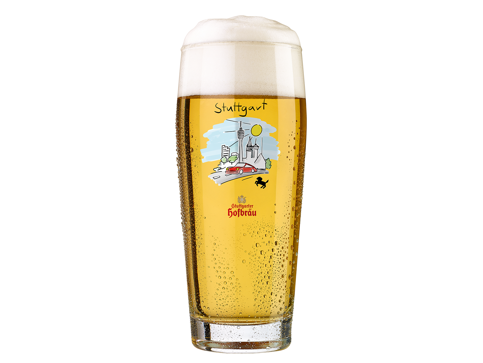 Ein gefülltes Bierglas mit einer aufgedruckten Illustration des Stuttgarter Fernsehturms, einem Porsche, dem schwarzen Rössle und einem Stuttgarter Hofbräu Logo.