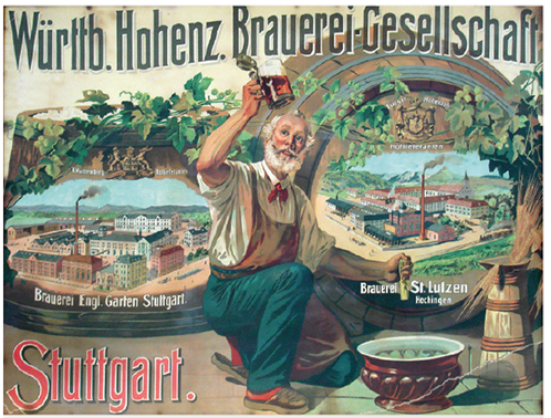 Ein Mann mit Bart hält lächelnd eine Bierflasche hoch, vor einer illustrierten Stadtkulisse.