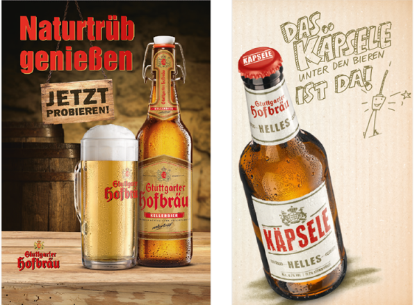 Bierflaschen auf Holztisch; links mit Glas und rechts mit witzigem Slogan.