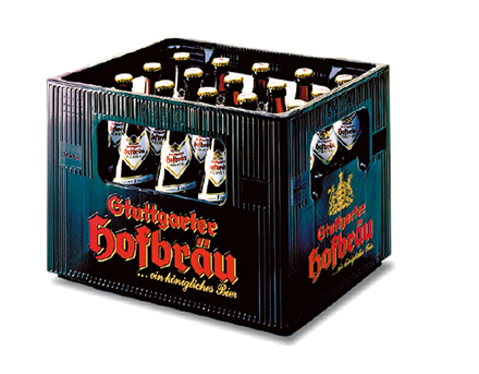 Eine schwarze Bierkiste mit zehn sichtbaren Flaschen steht vor einem weißen Hintergrund.