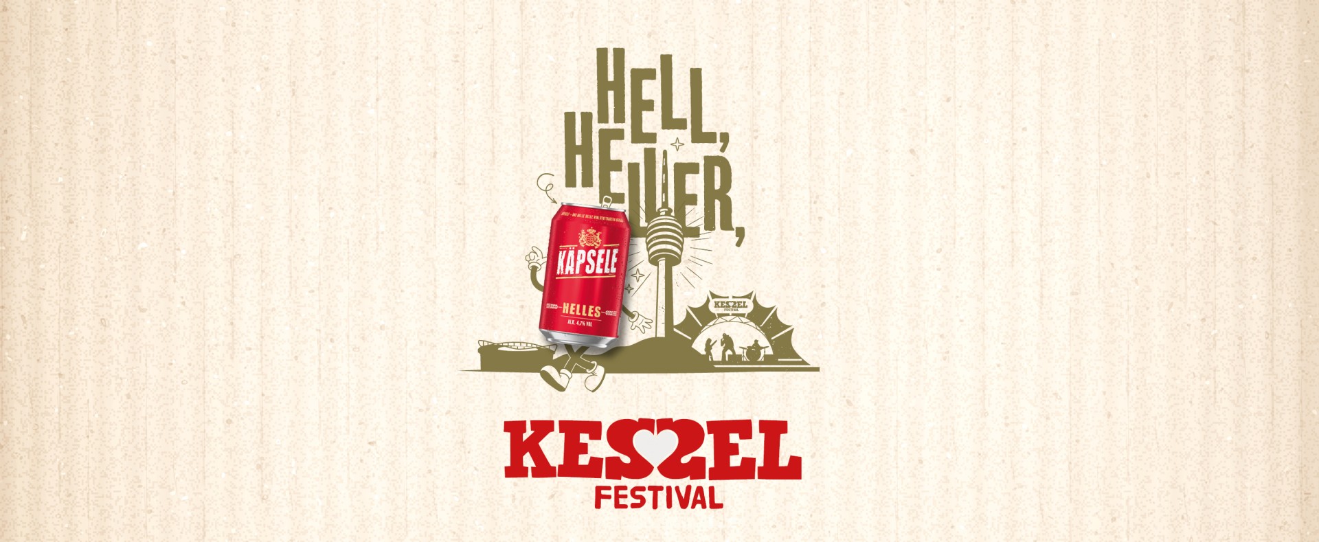 Ein illustrietes gold-rotes Logo auf beige gestreiftem Hintergrund, mit dem Text, hell, heller Käpsele und dem Schriftzug Kesselfestival.