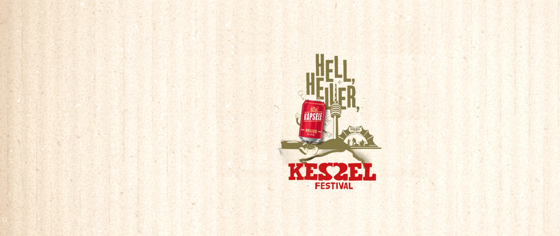 Ein illustrietes gold-rotes Logo auf beige gestreiftem Hintergrund, mit dem Text, hell, heller Käpsele und dem Schriftzug Kesselfestival.