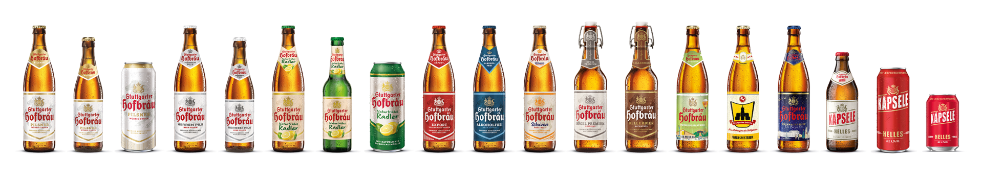 Alle Produkte der Stuttgarter Hofbräu Brauerei stehen nebeneinander.