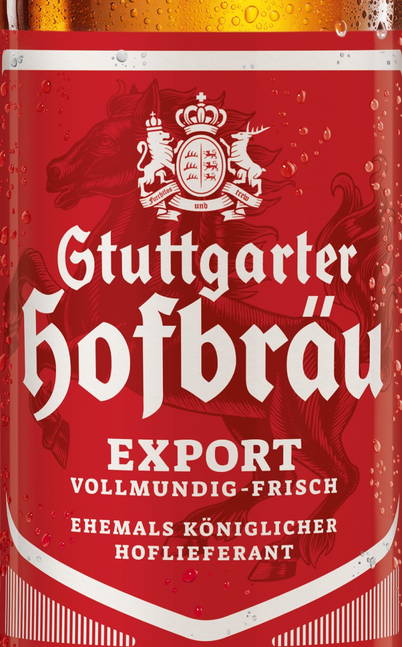 Etikett zeigt Wappen mit Löwen und Einhorn auf rotem Hintergrund mit Wassertropfen.