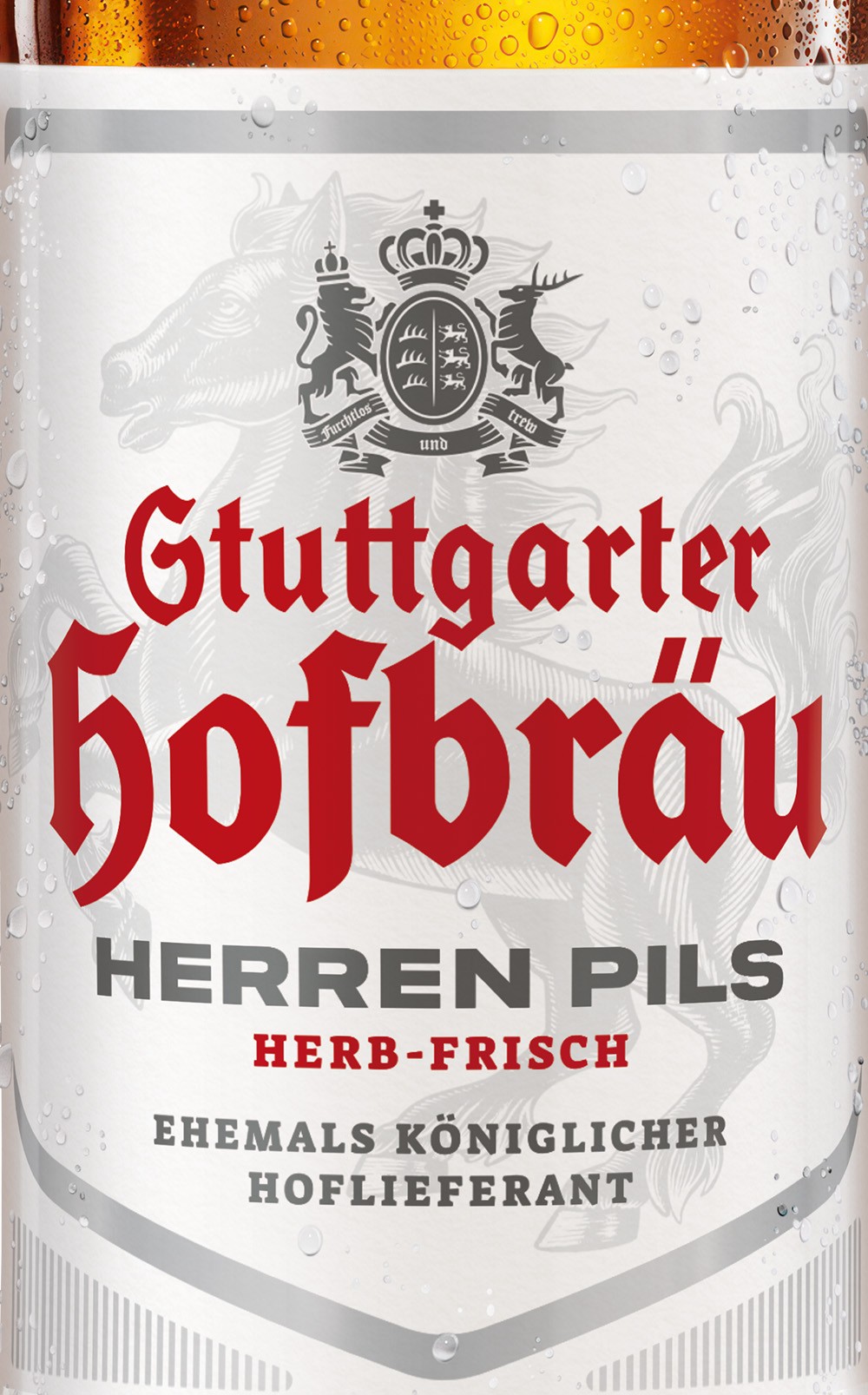 Eine Bierdose mit roten Textelementen und einem Wappensymbol mit einem Pferd und zwei Löwen.