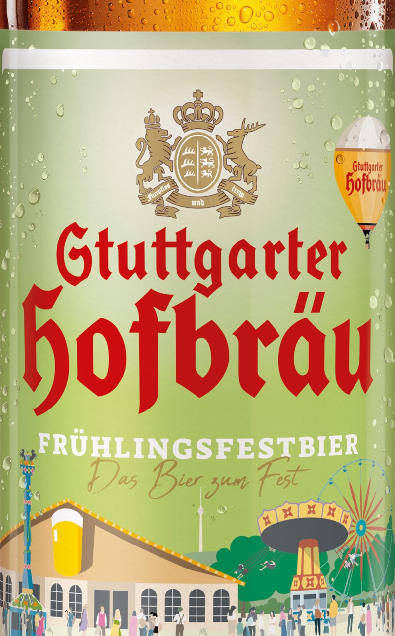 Ein Etikett zeigt ein Wappen und eine Menschenmenge auf einem Fest. Es ist das Etikett eines bekannten Biers.