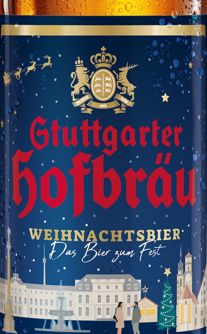 Ein Bieretikett mit einem weihnachtlichen Stadtbild, dekoriert mit Schneeflocken und Sternen.