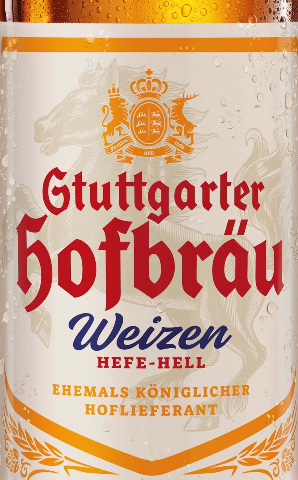 Ein Bieretikett zeigt ein Wappen mit Pferden und Ornamenten sowie den Hinweis auf eine königliche Zulieferung.