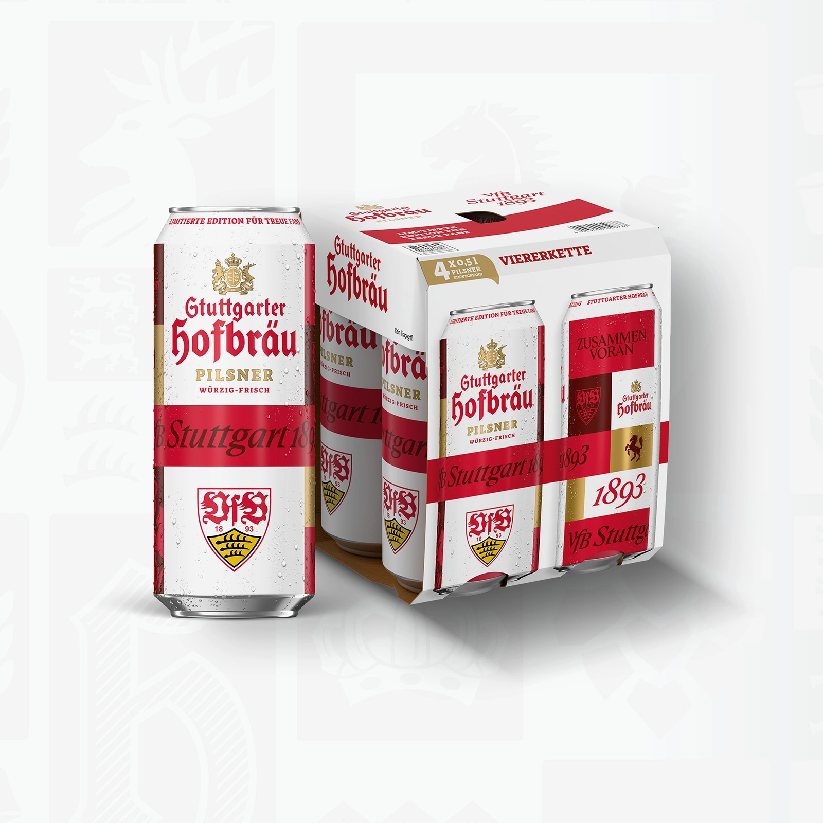 Eine einzelne Dose Stuttgarter Hofbräu Pilsner steht neben einem Viererpack, beide im VfB Stuttgart-Design.