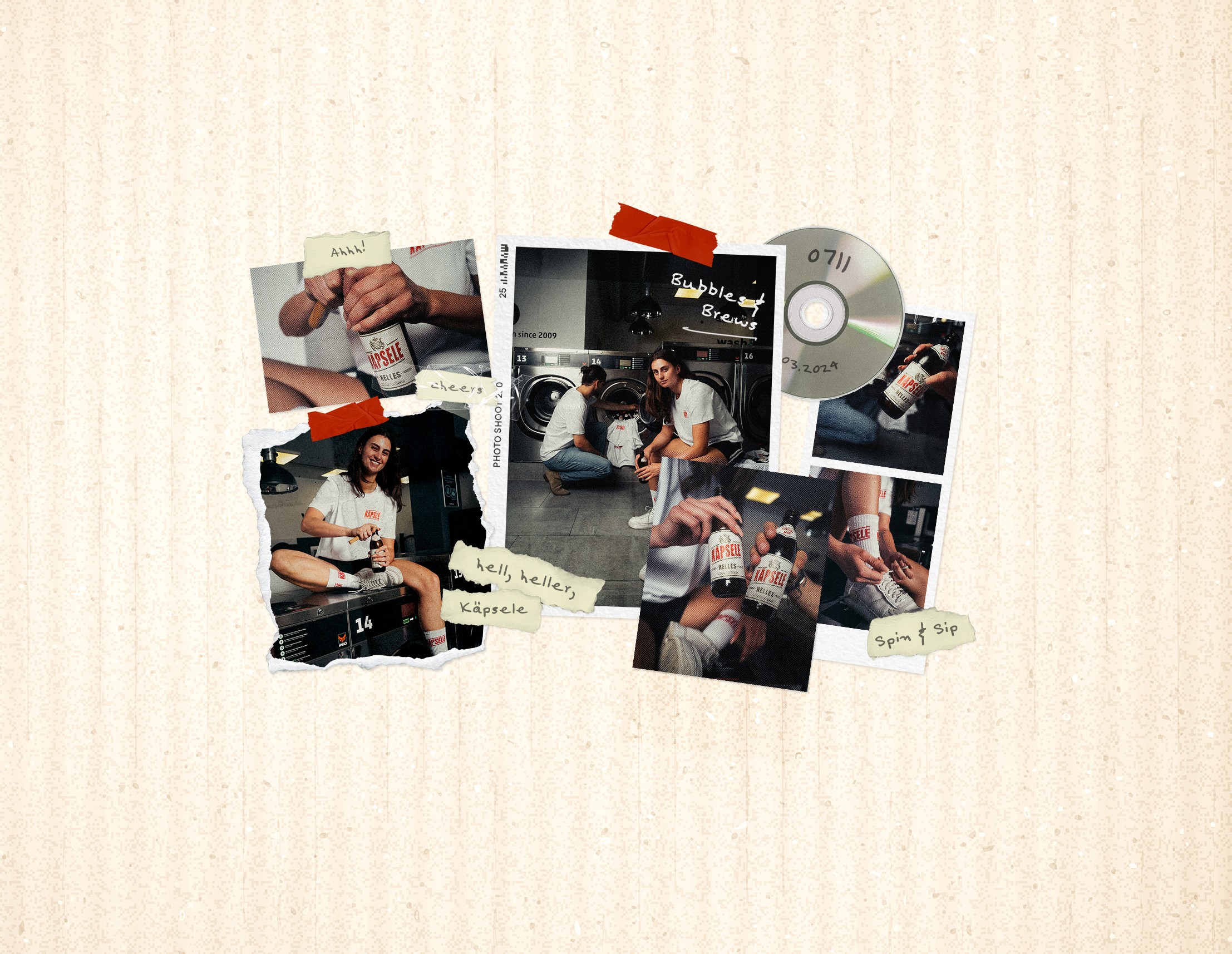 Mehrere polaroidähnliche Fotos zeigen Menschen, die ein Getränk genießen und dabei interagieren.